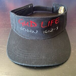 Kee & Ed Black adjustable visor cap with "GOD LIFE JOHN 14:2-3" embroidery